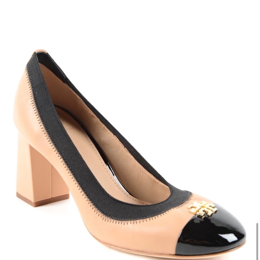 Tory Burch Jolie Bi-Color Tan & Black Patent Leather Block Heel Shoes, Size 7.5